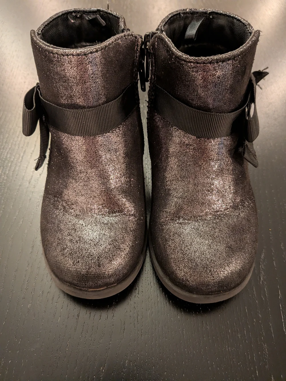 Metallic Black Girl's Ankle Boot with Side Bow